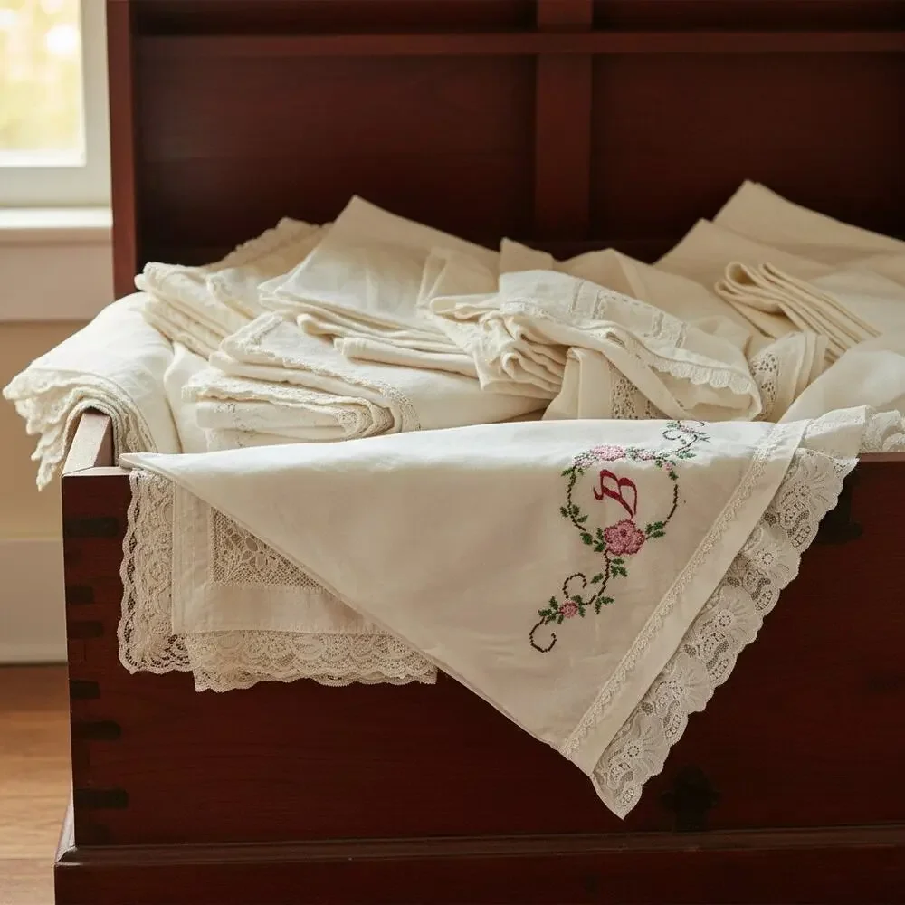 Vintage Embroidered Monogram B Pillowcase-Lace Edge-Cottagecore-Standard White